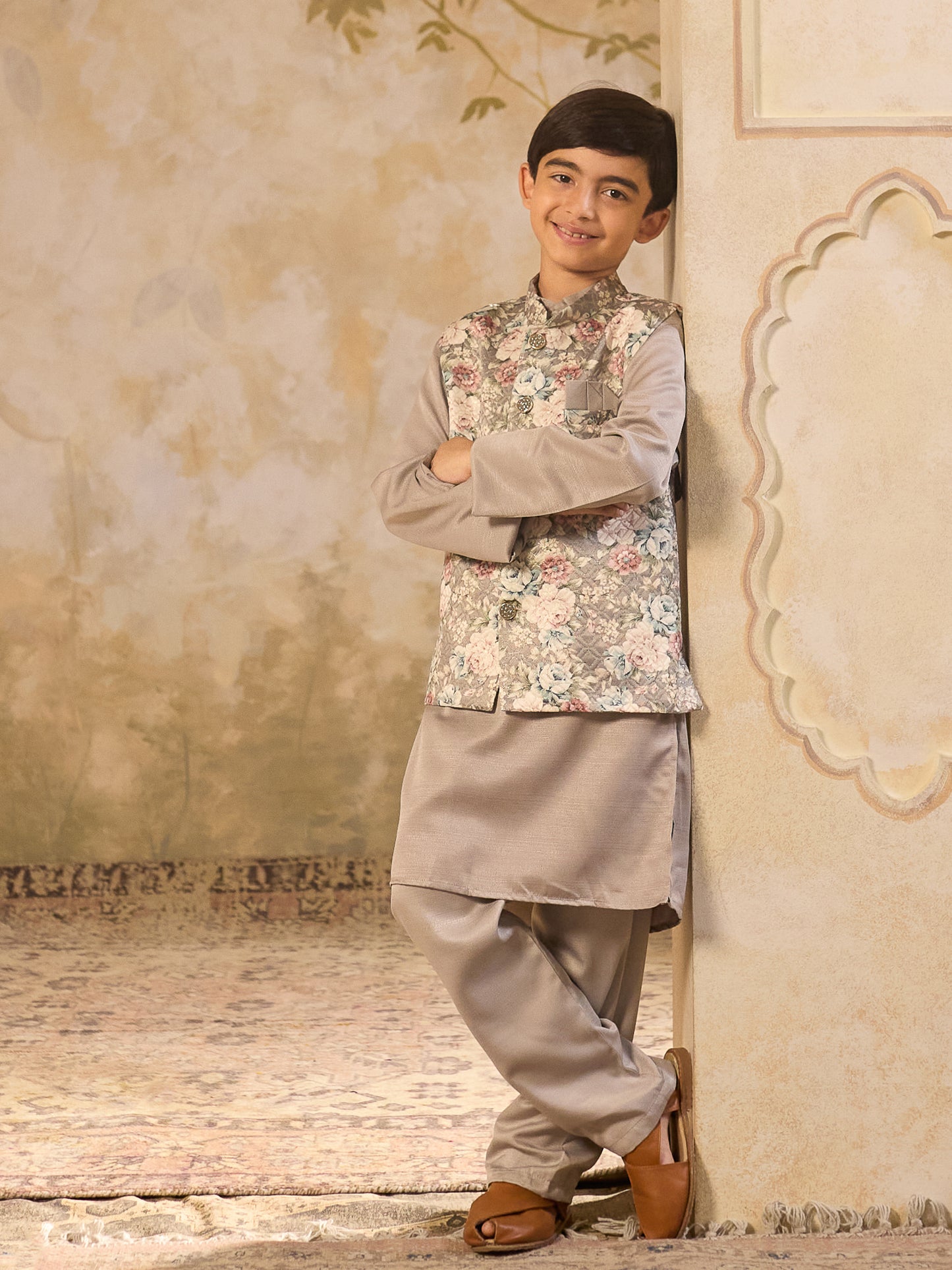 Boys Grey Cotton Blend Kurta Pyjama with Full Sleeves & Floral Print Waistcoat