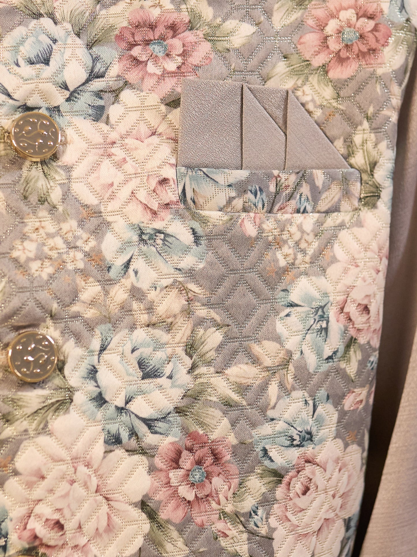 Boys Grey Cotton Blend Kurta Pyjama with Full Sleeves & Floral Print Waistcoat