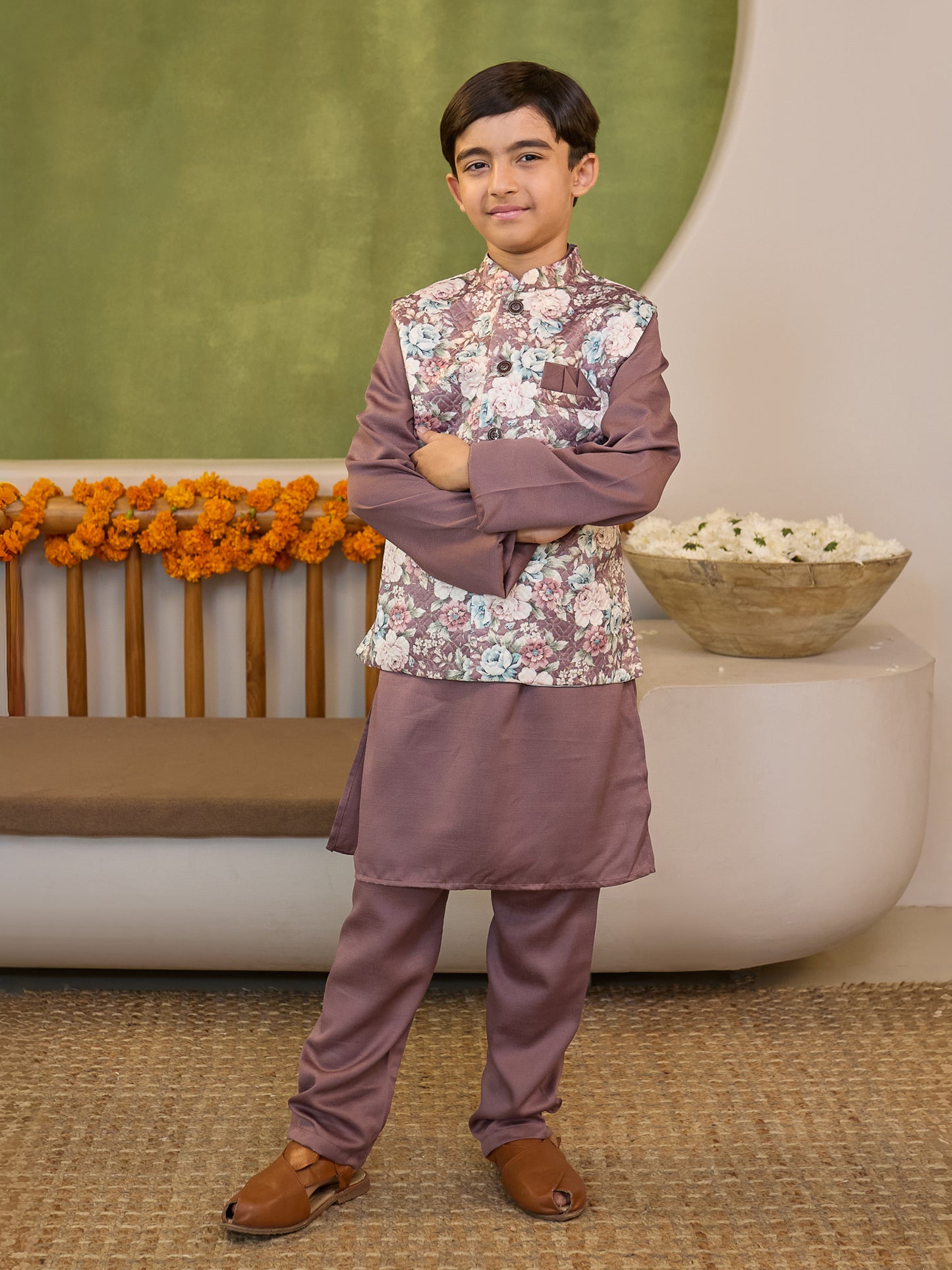 Boys Purple Cotton Blend Kurta Pyjama with Full Sleeves & Floral Print Waistcoat