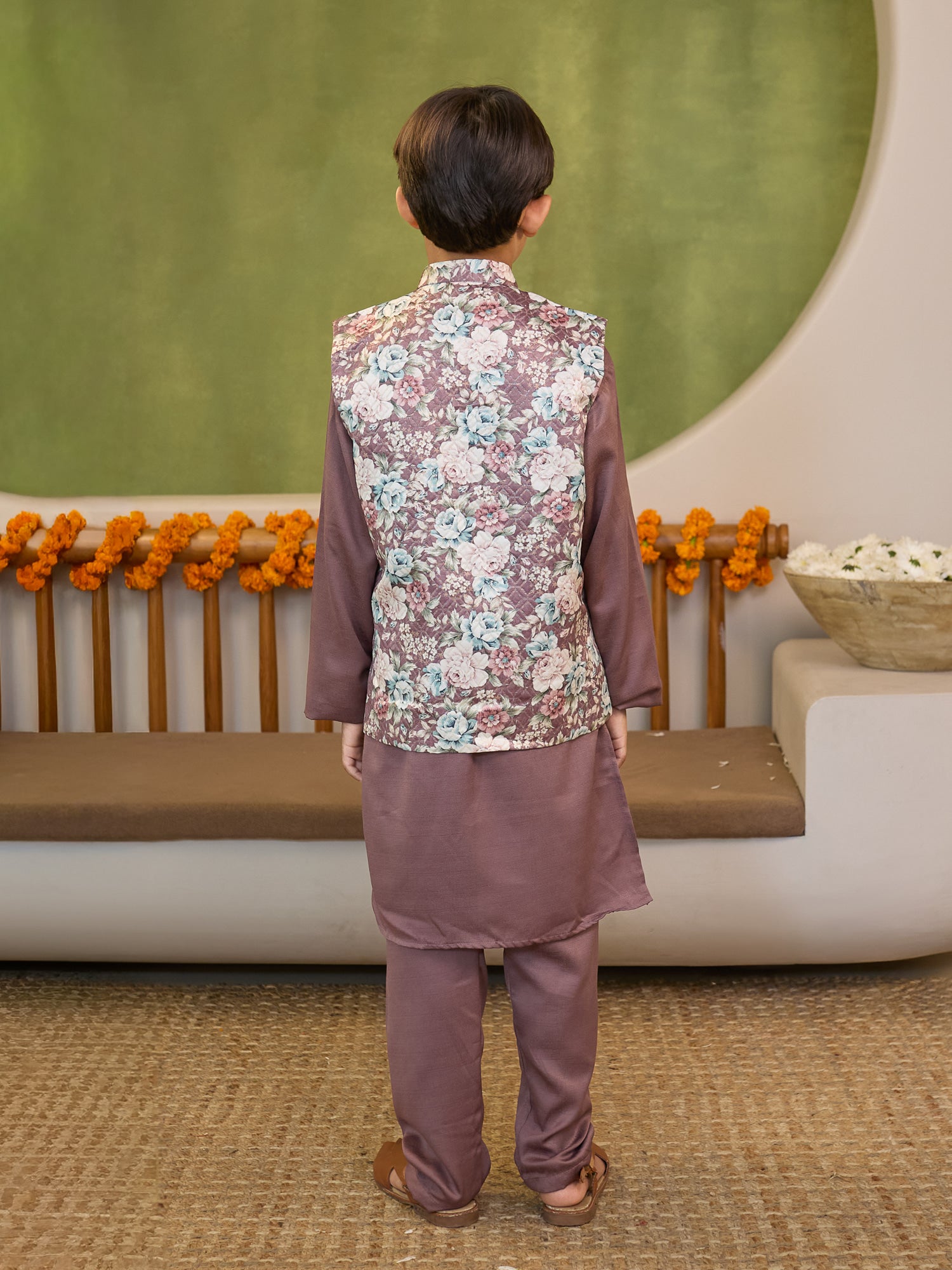 Boys Purple Cotton Blend Kurta Pyjama with Full Sleeves & Floral Print Waistcoat
