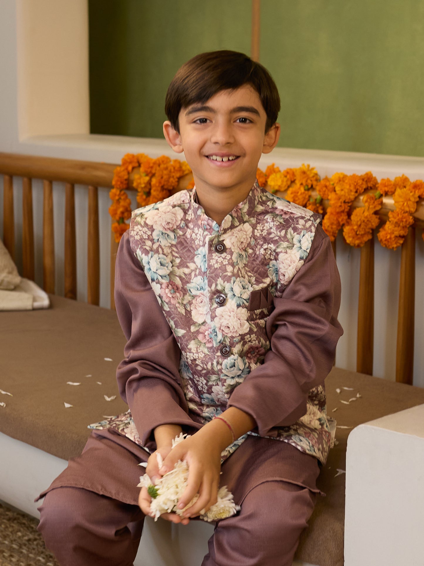 Boys Purple Cotton Blend Kurta Pyjama with Full Sleeves & Floral Print Waistcoat