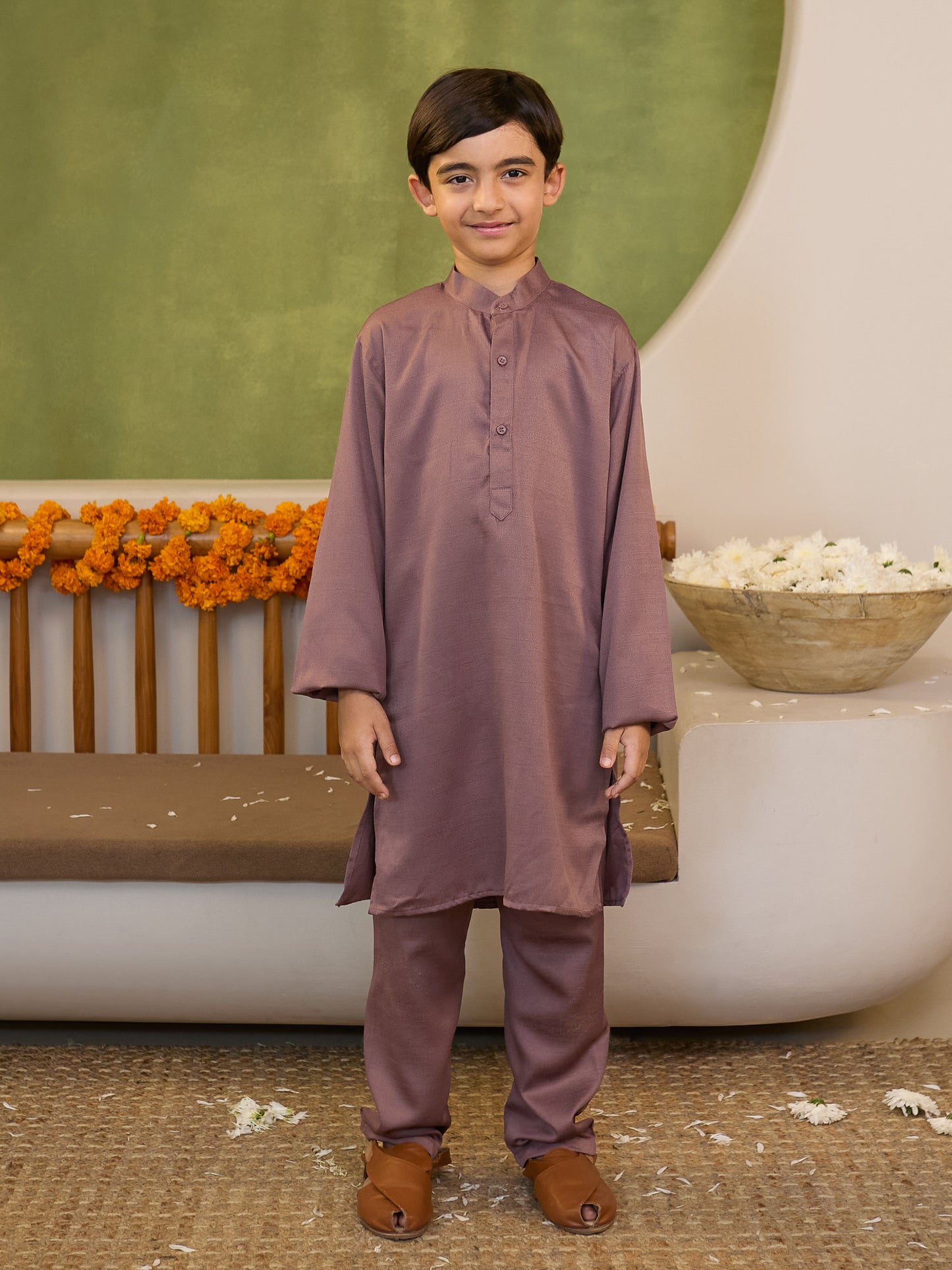 Boys Purple Cotton Blend Kurta Pyjama with Full Sleeves & Floral Print Waistcoat