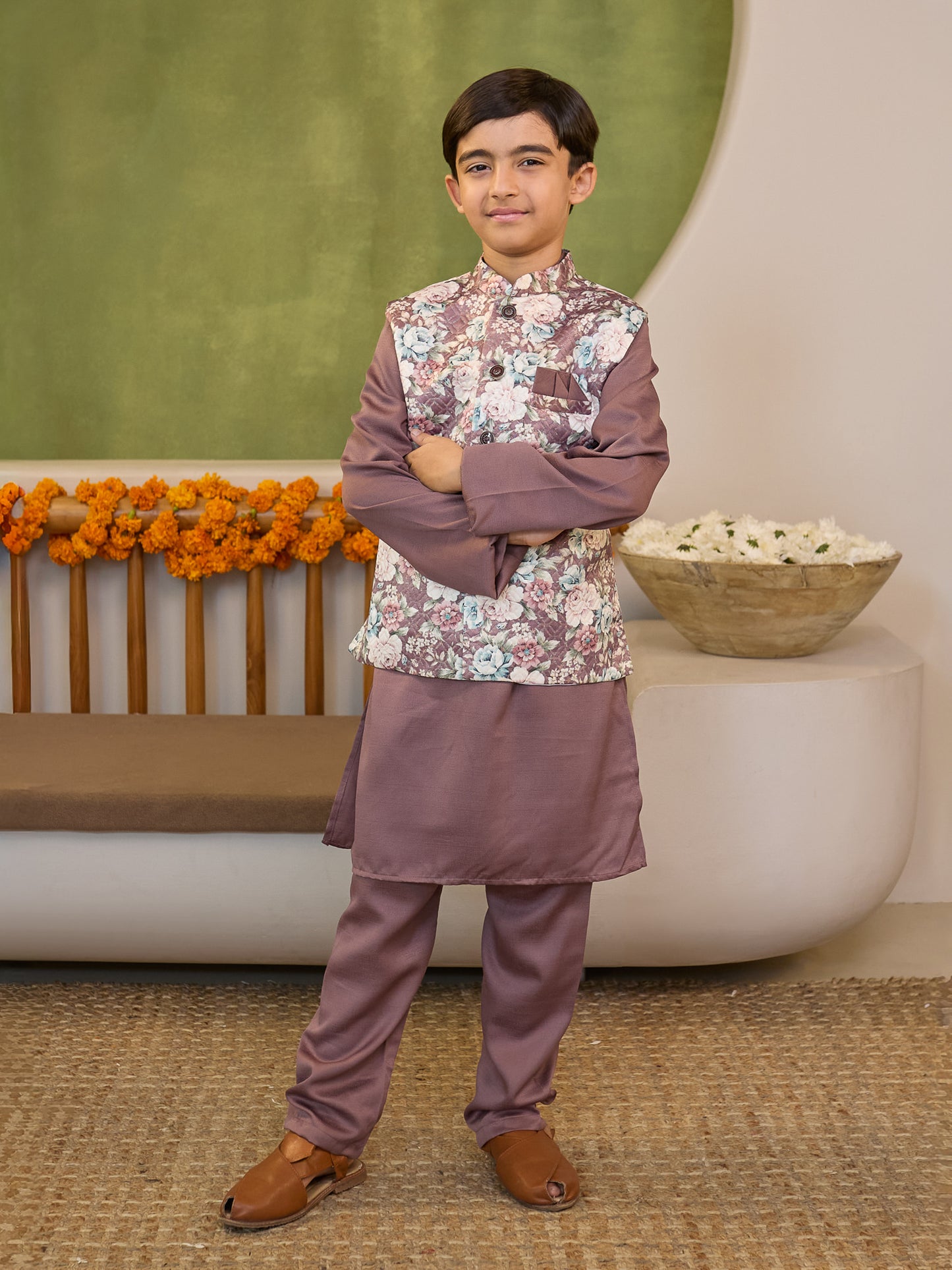 Boys Purple Cotton Blend Kurta Pyjama with Full Sleeves & Floral Print Waistcoat