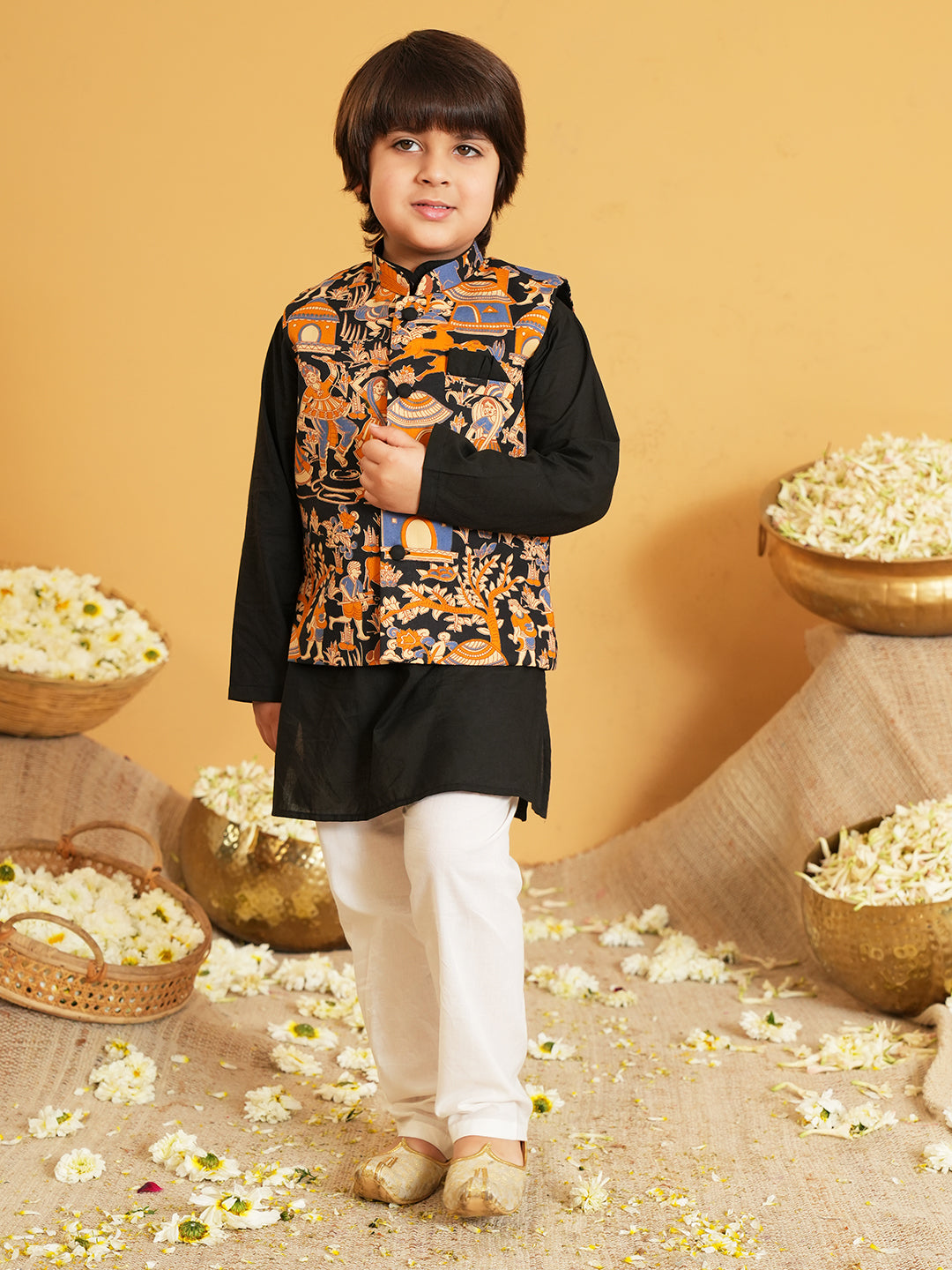 Black Printed Pure Cotton Kurta Pyjama Waist Coat Set For Boys And Kurti and Dhoti Set For Girls - Sibling set