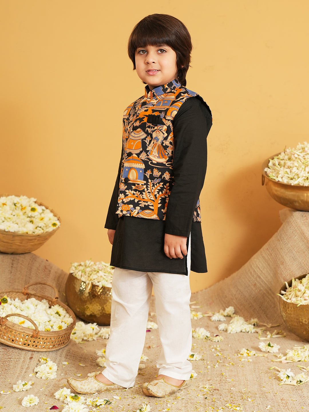 Black Printed Pure Cotton Kurta Pyjama Waist Coat Set For Boys And Kurti and Dhoti Set For Girls - Sibling set