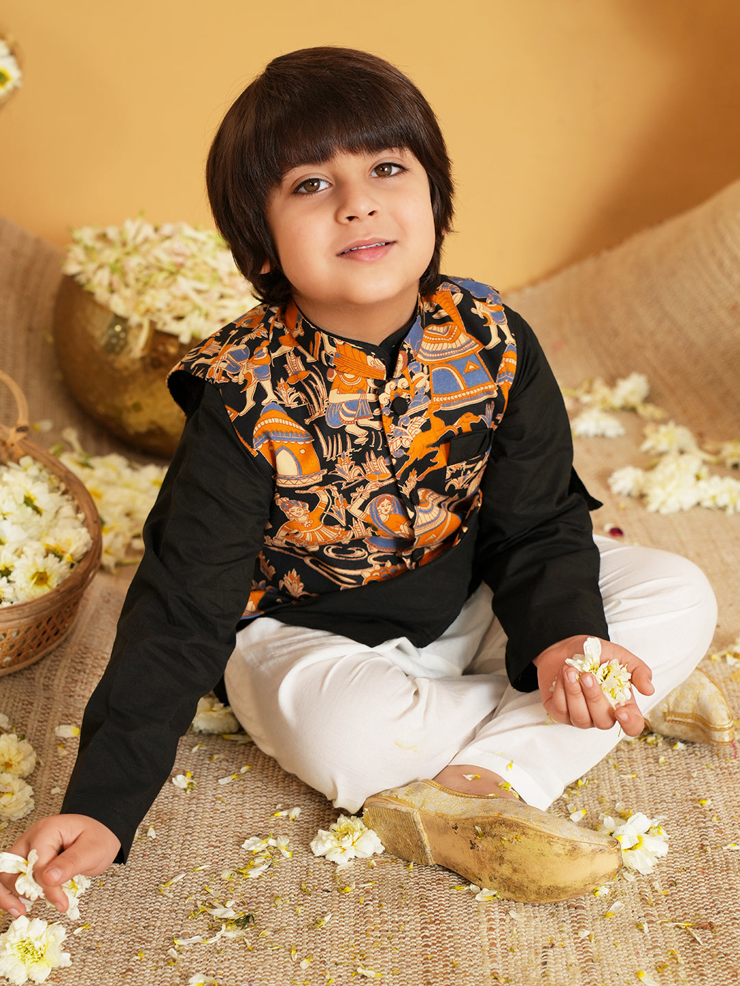 Black Printed Pure Cotton Kurta Pyjama Waist Coat Set For Boys And Kurti and Dhoti Set For Girls - Sibling set