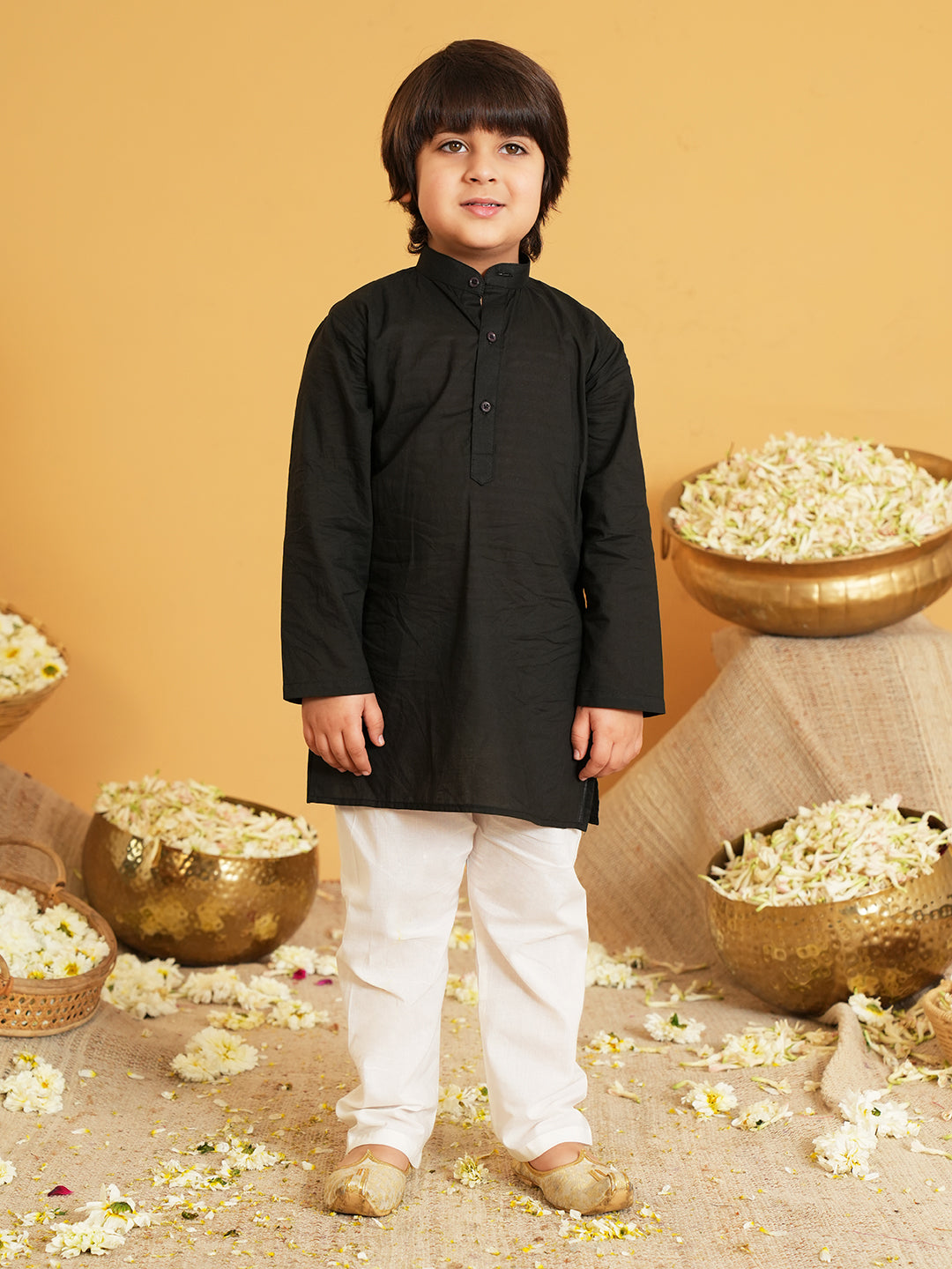 Black Printed Pure Cotton Kurta Pyjama Waist Coat Set For Boys And Kurti and Dhoti Set For Girls - Sibling set