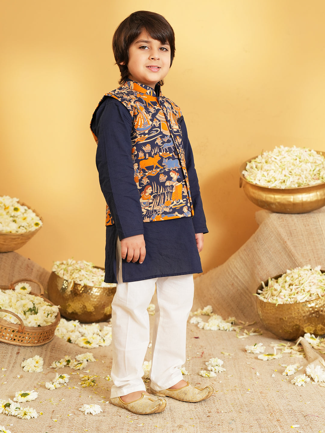 Navy-blue Printed Pure Cotton Kurta Pyjama Waist Coat Set For Boys