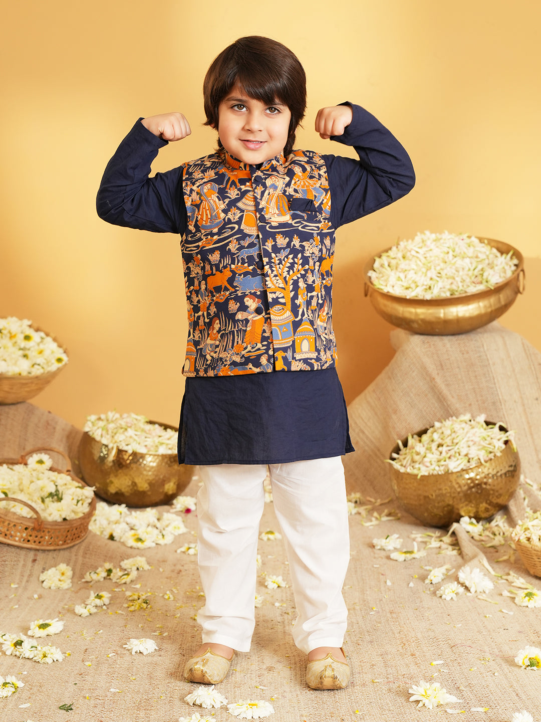 Navy Blue Printed Pure Cotton Sibling Ethnic Set for Kids – Boys Kurta Pyjama with Waistcoat & Girls Kurti Dhoti with Lace Work -  - Sibling set