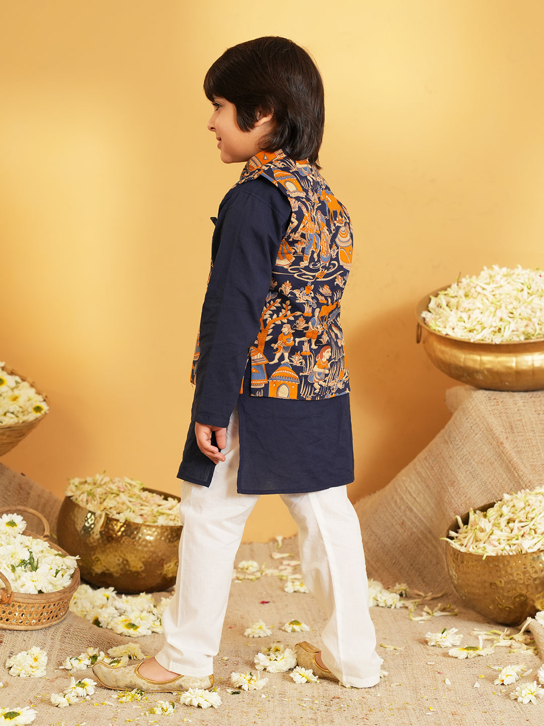 Navy Blue Printed Pure Cotton Sibling Ethnic Set for Kids – Boys Kurta Pyjama with Waistcoat & Girls Kurti Dhoti with Lace Work -  - Sibling set