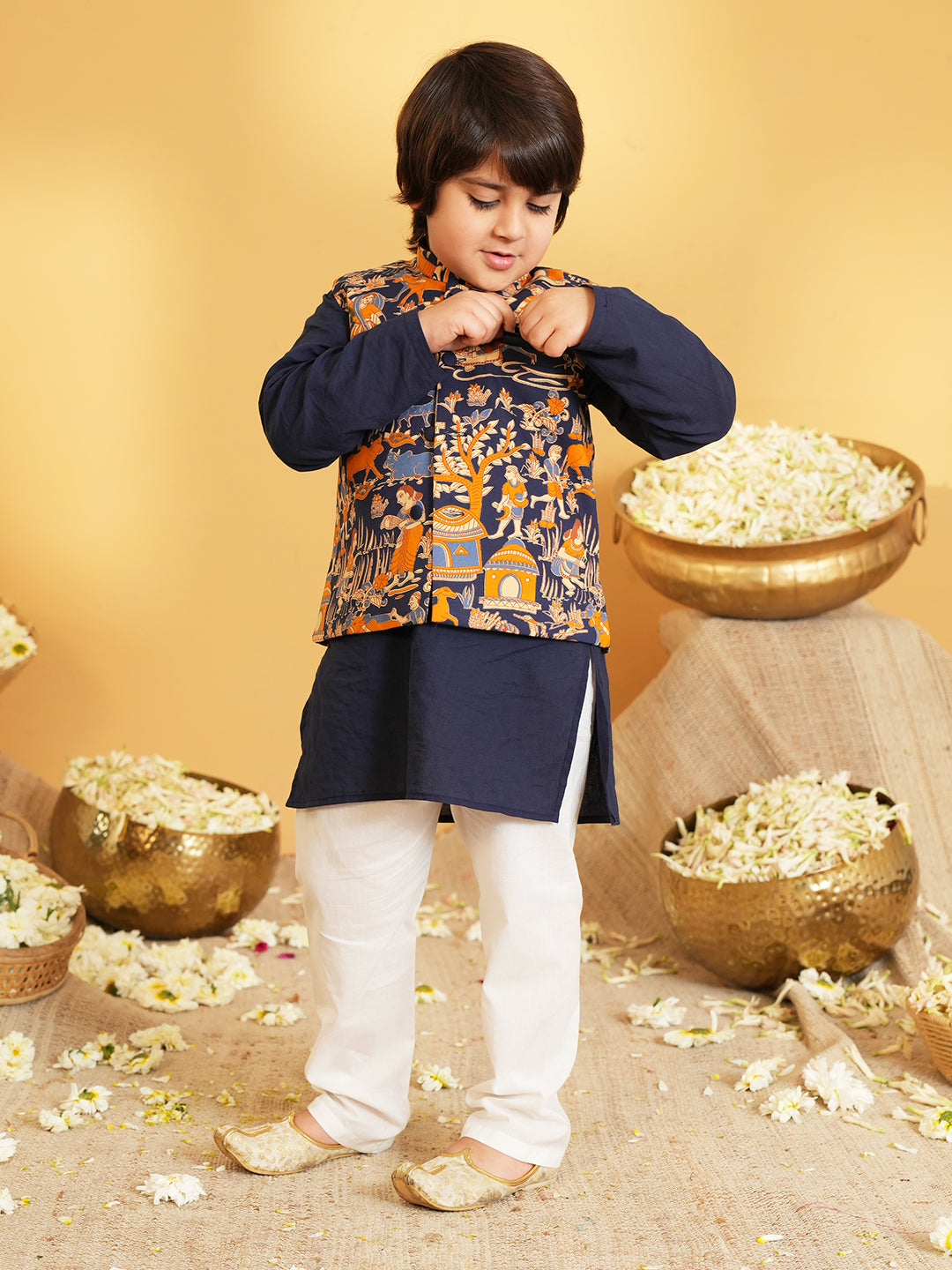 Navy Blue Printed Pure Cotton Sibling Ethnic Set for Kids – Boys Kurta Pyjama with Waistcoat & Girls Kurti Dhoti with Lace Work -  - Sibling set