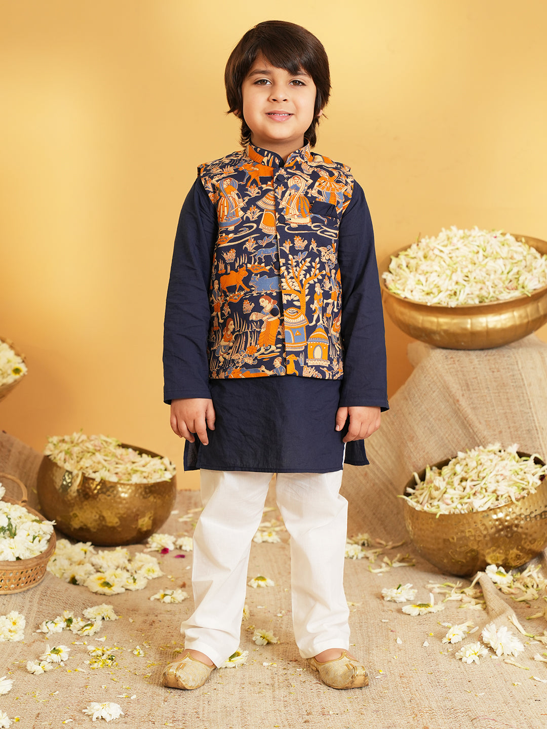 Navy Blue Printed Pure Cotton Sibling Ethnic Set for Kids – Boys Kurta Pyjama with Waistcoat & Girls Kurti Dhoti with Lace Work -  - Sibling set