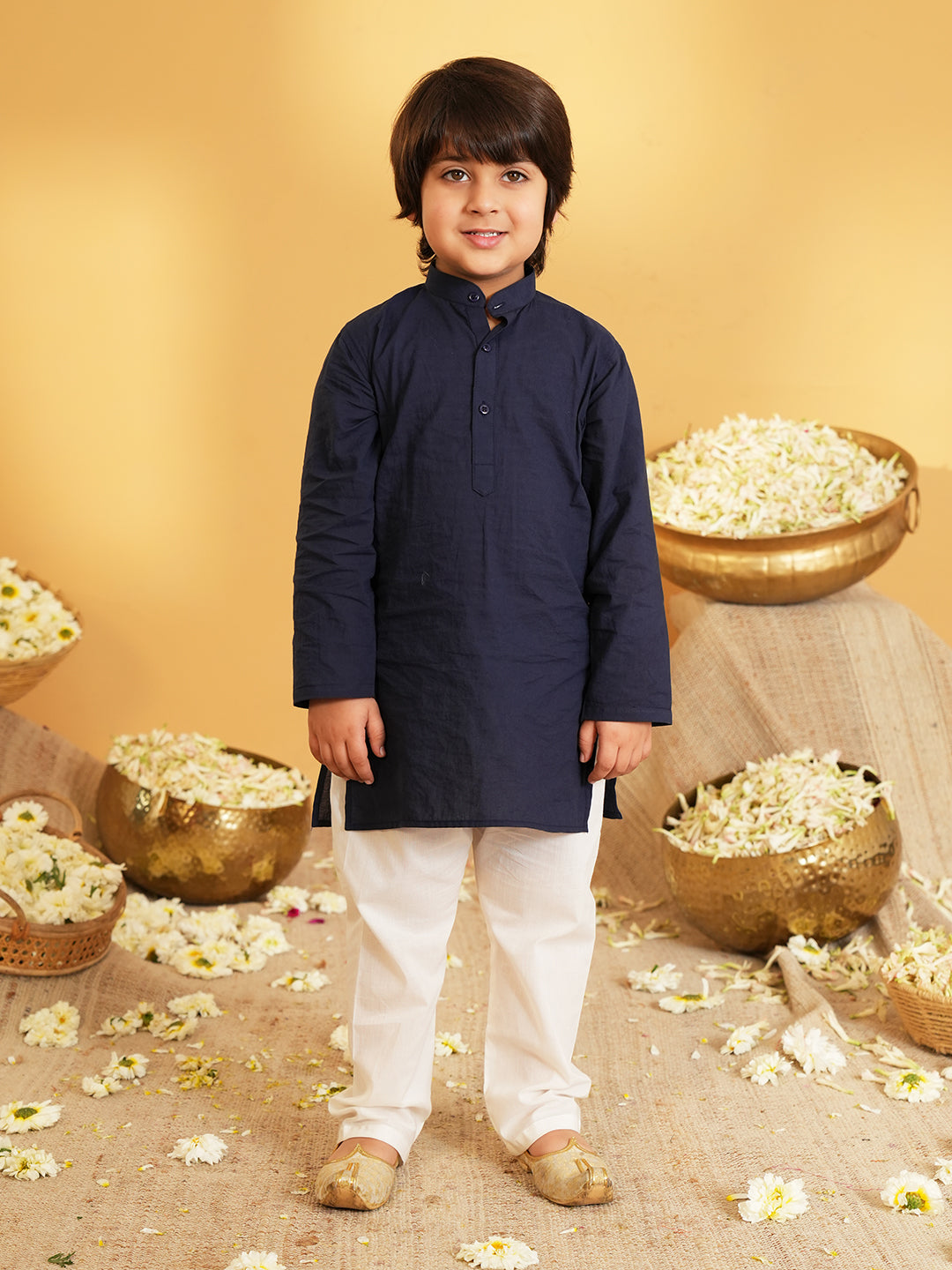 Navy Blue Printed Pure Cotton Sibling Ethnic Set for Kids – Boys Kurta Pyjama with Waistcoat & Girls Kurti Dhoti with Lace Work -  - Sibling set