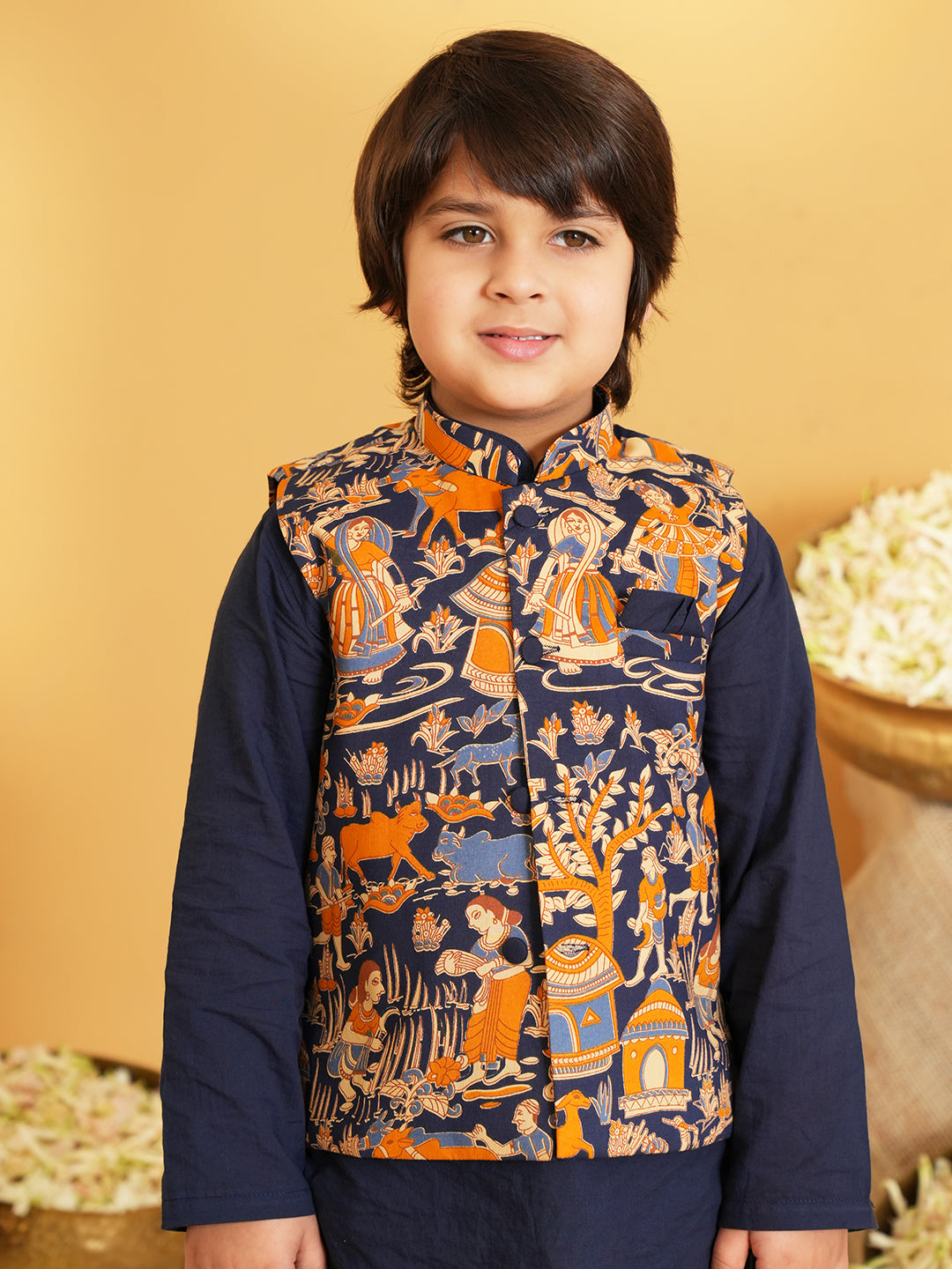 Navy-blue Printed Pure Cotton Kurta Pyjama Waist Coat Set For Boys