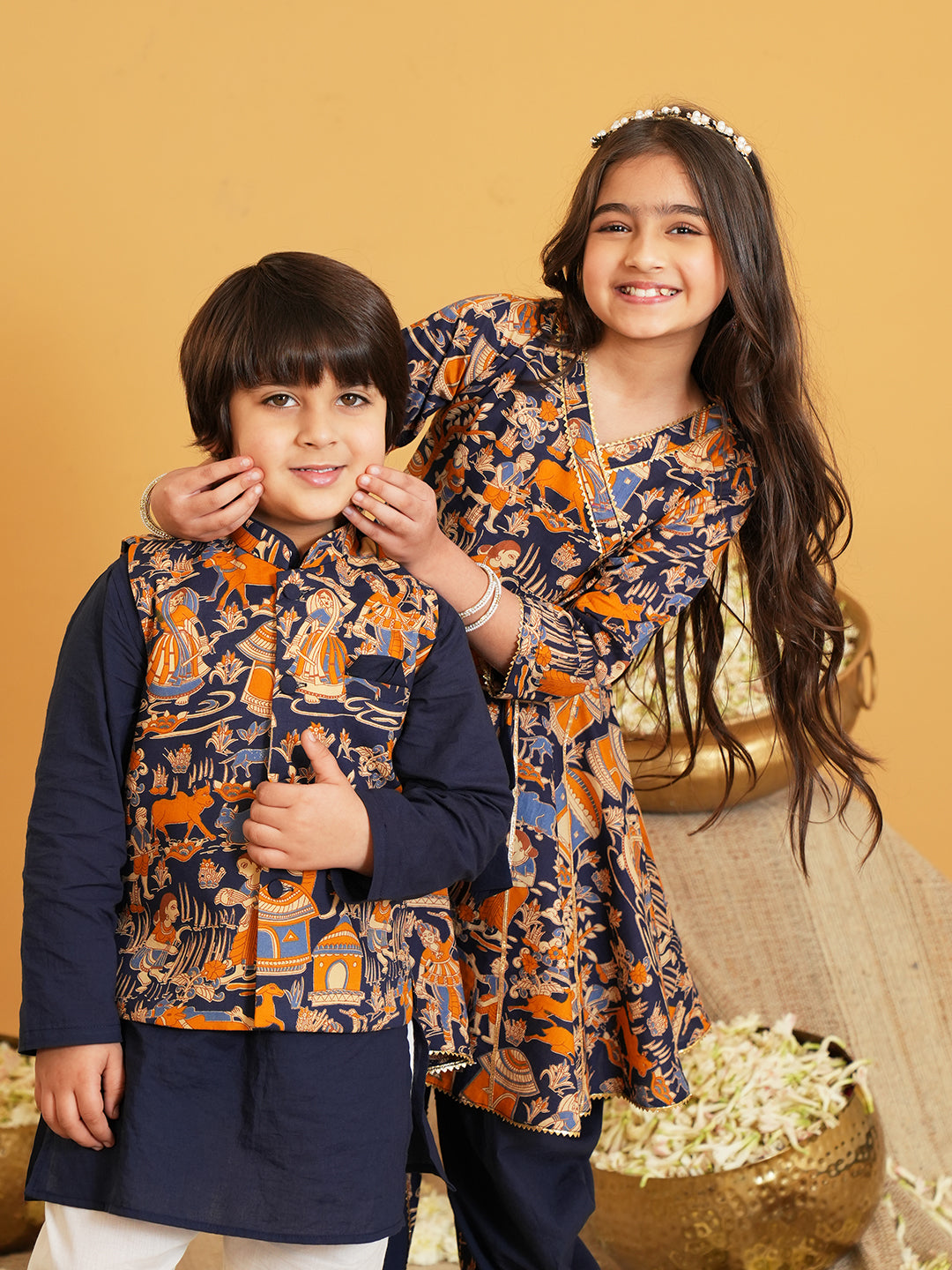 Navy-blue Printed Pure Cotton Kurta Pyjama Waist Coat Set For Boys