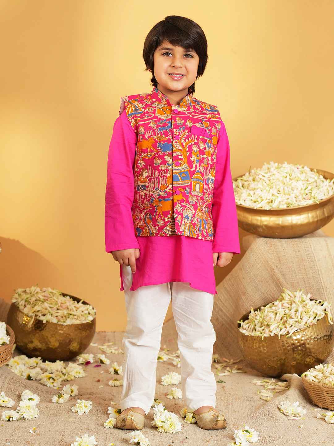 Pink Printed Pure Cotton Full Sleeve Kurta Pyjama With Waist Coat Set For Kids Boys