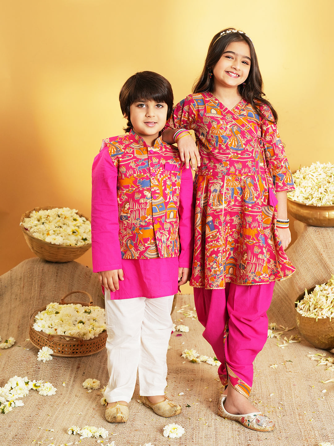 Pink Printed Pure Cotton Full Sleeve Kurta Pyjama With Waist Coat Set For Kids Boys
