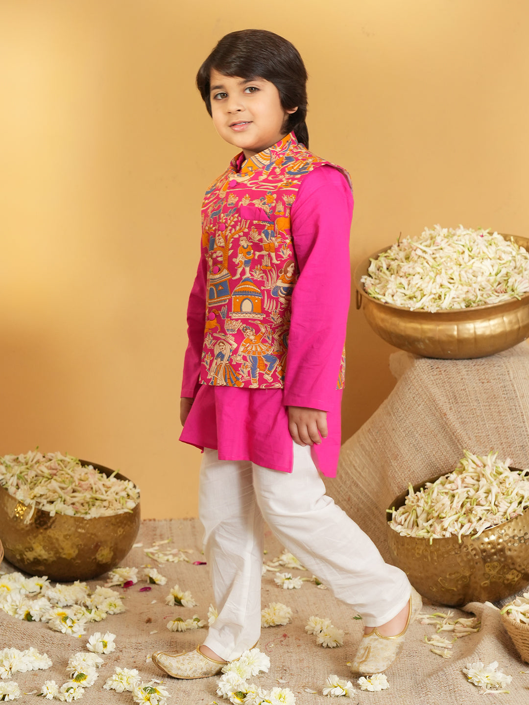 Pink Printed Pure Cotton Kurta Pyjama Waist Coat Set For Boys And Kurti and Dhoti Set For Girls - Sibling set