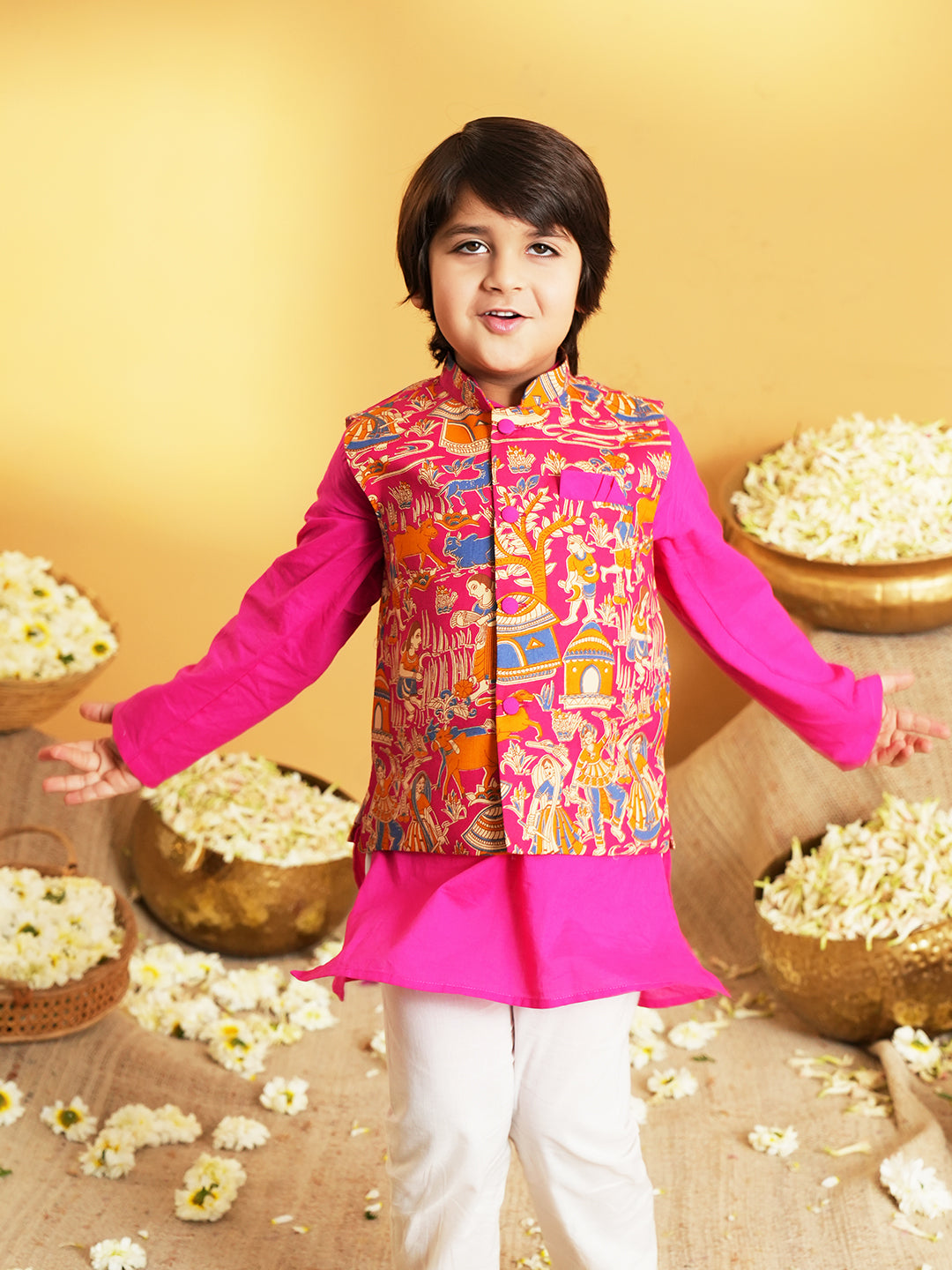 Pink Printed Pure Cotton Full Sleeve Kurta Pyjama With Waist Coat Set For Kids Boys