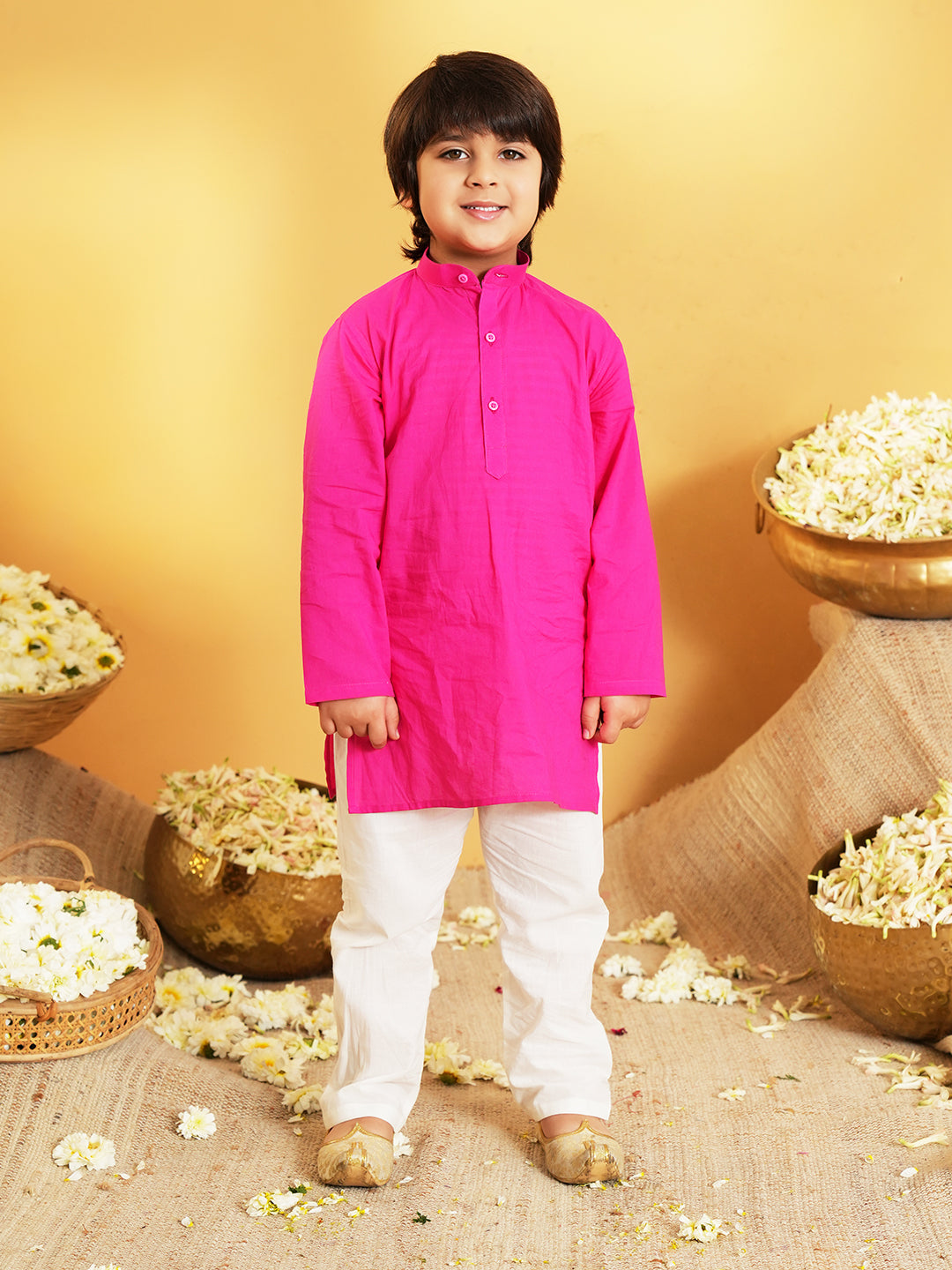 Pink Printed Pure Cotton Kurta Pyjama Waist Coat Set For Boys And Kurti and Dhoti Set For Girls - Sibling set