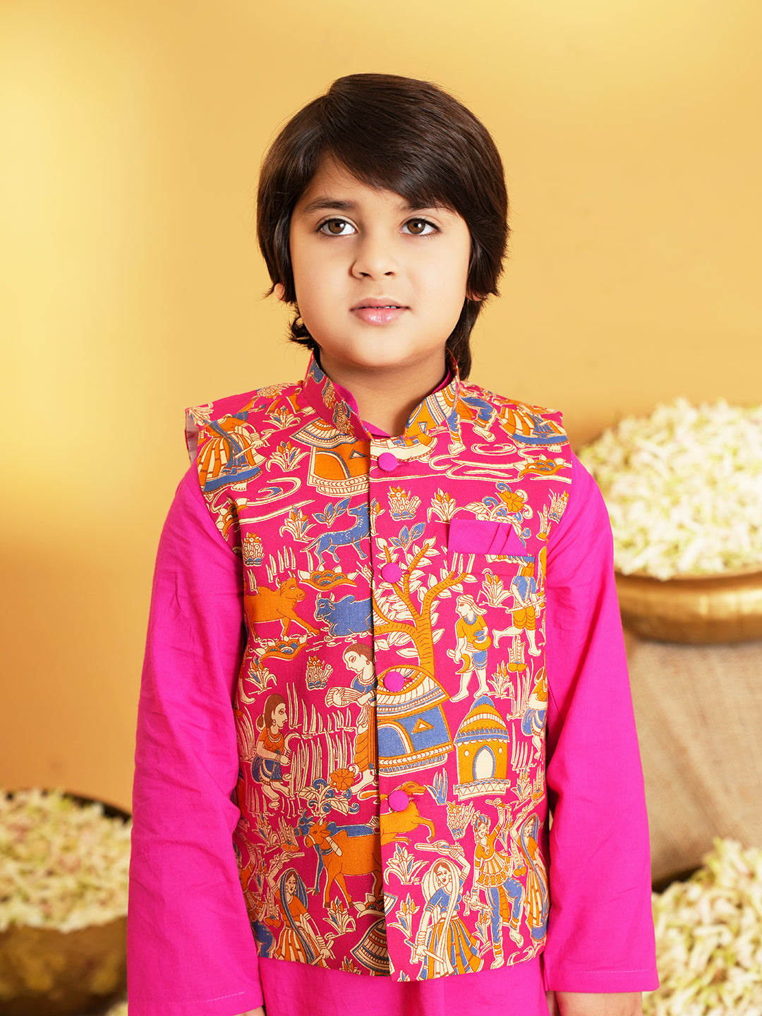 Pink Printed Pure Cotton Full Sleeve Kurta Pyjama With Waist Coat Set For Kids Boys