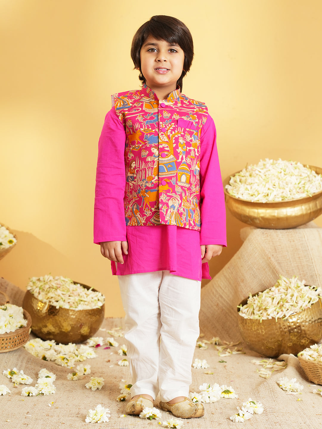 Pink Printed Pure Cotton Full Sleeve Kurta Pyjama With Waist Coat Set For Kids Boys