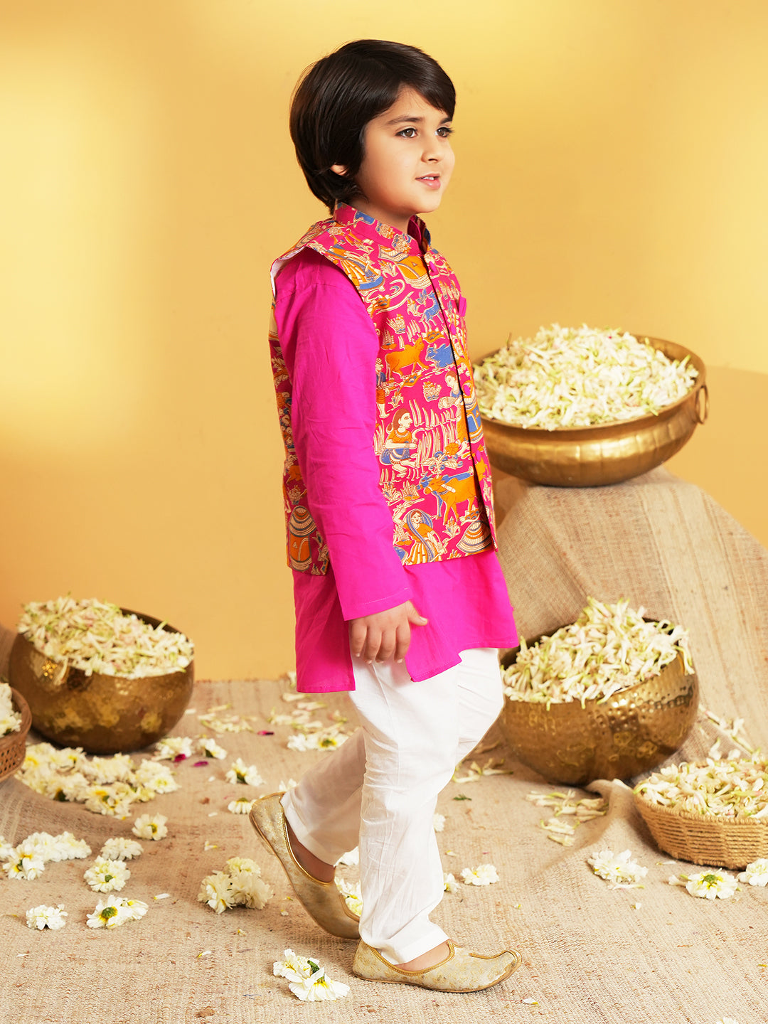 Pink Printed Pure Cotton Full Sleeve Kurta Pyjama With Waist Coat Set For Kids Boys