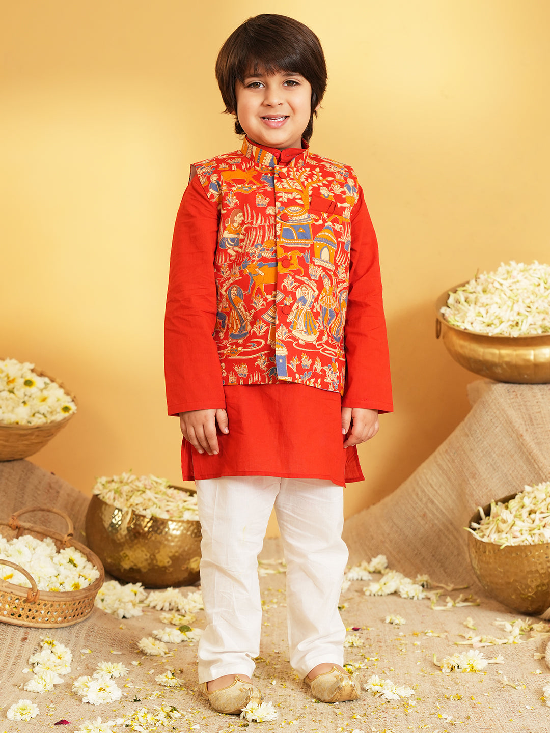 Red Printed Pure Cotton Kurta Pyjama Waist Coat Set For Boys