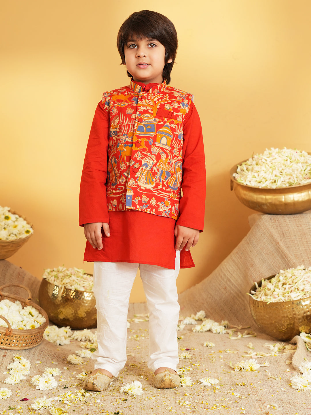 Red Printed Pure Cotton Kurta Pyjama Waist Coat Set For Boys