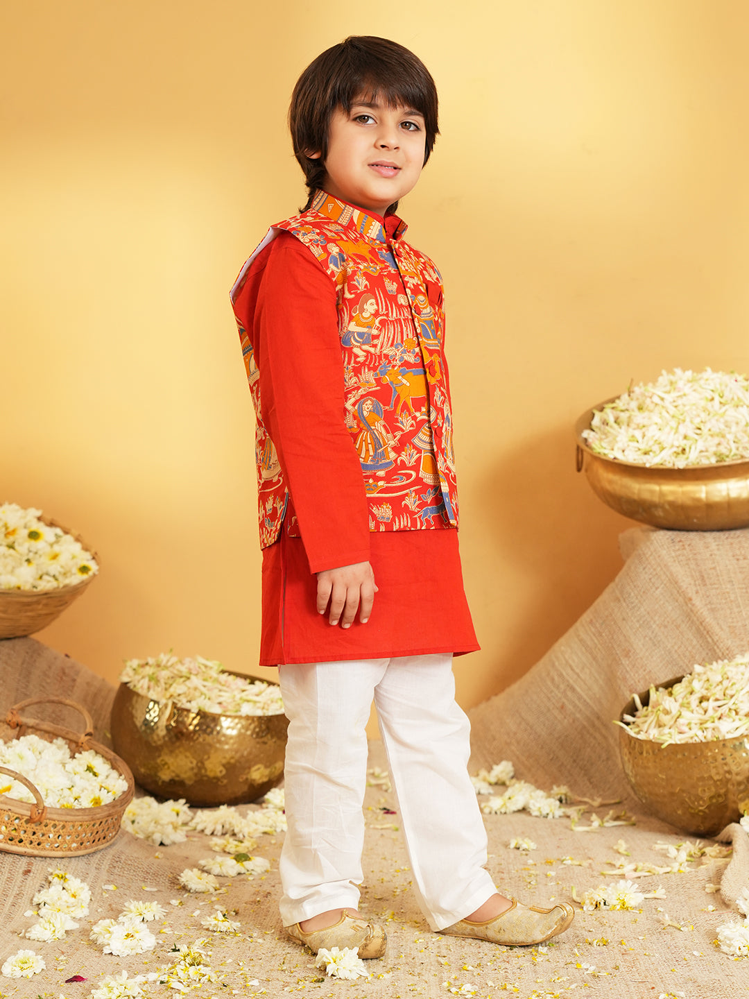 Red Printed Pure Cotton Kurta Pyjama Waist Coat Set For Boys