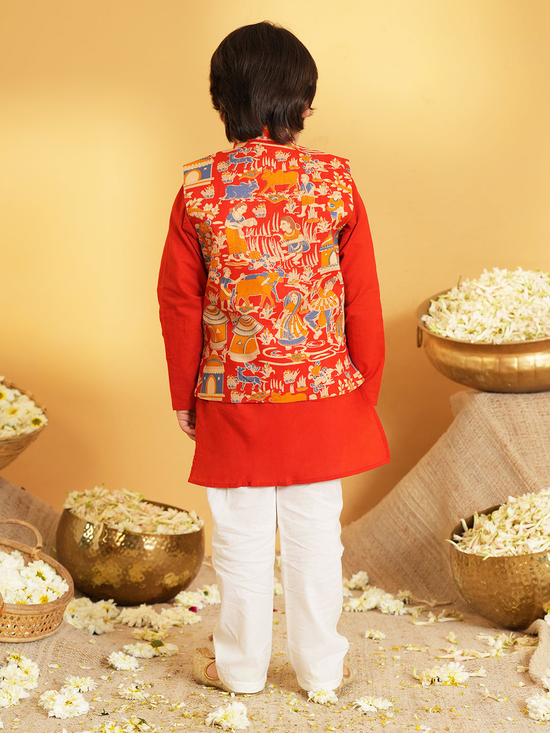 Red Printed Pure Cotton Kurta Pyjama Waist Coat Set For Boys