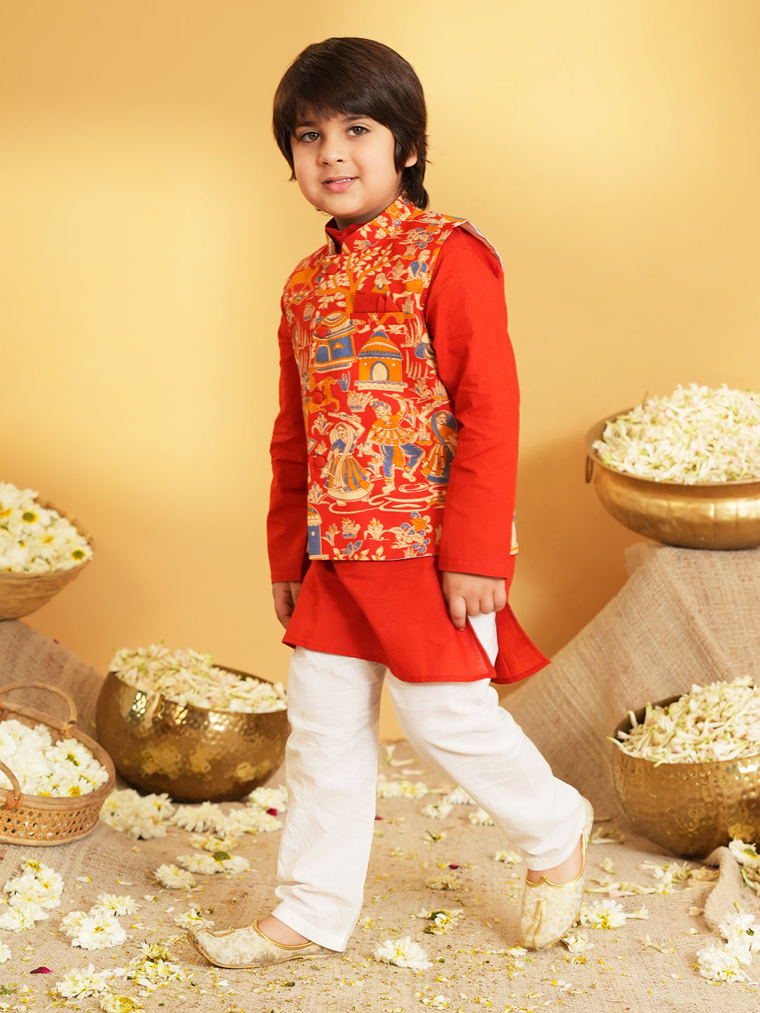 Red Printed Pure Cotton Kurta Pyjama Waist Coat Set For Boys