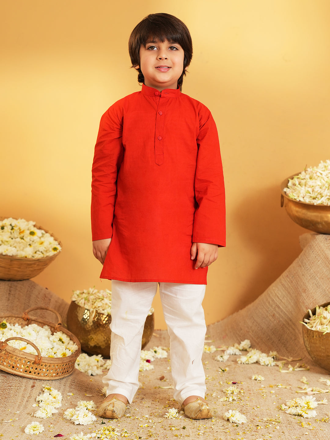 Red Printed Pure Cotton Kurta Pyjama Waist Coat Set For Boys