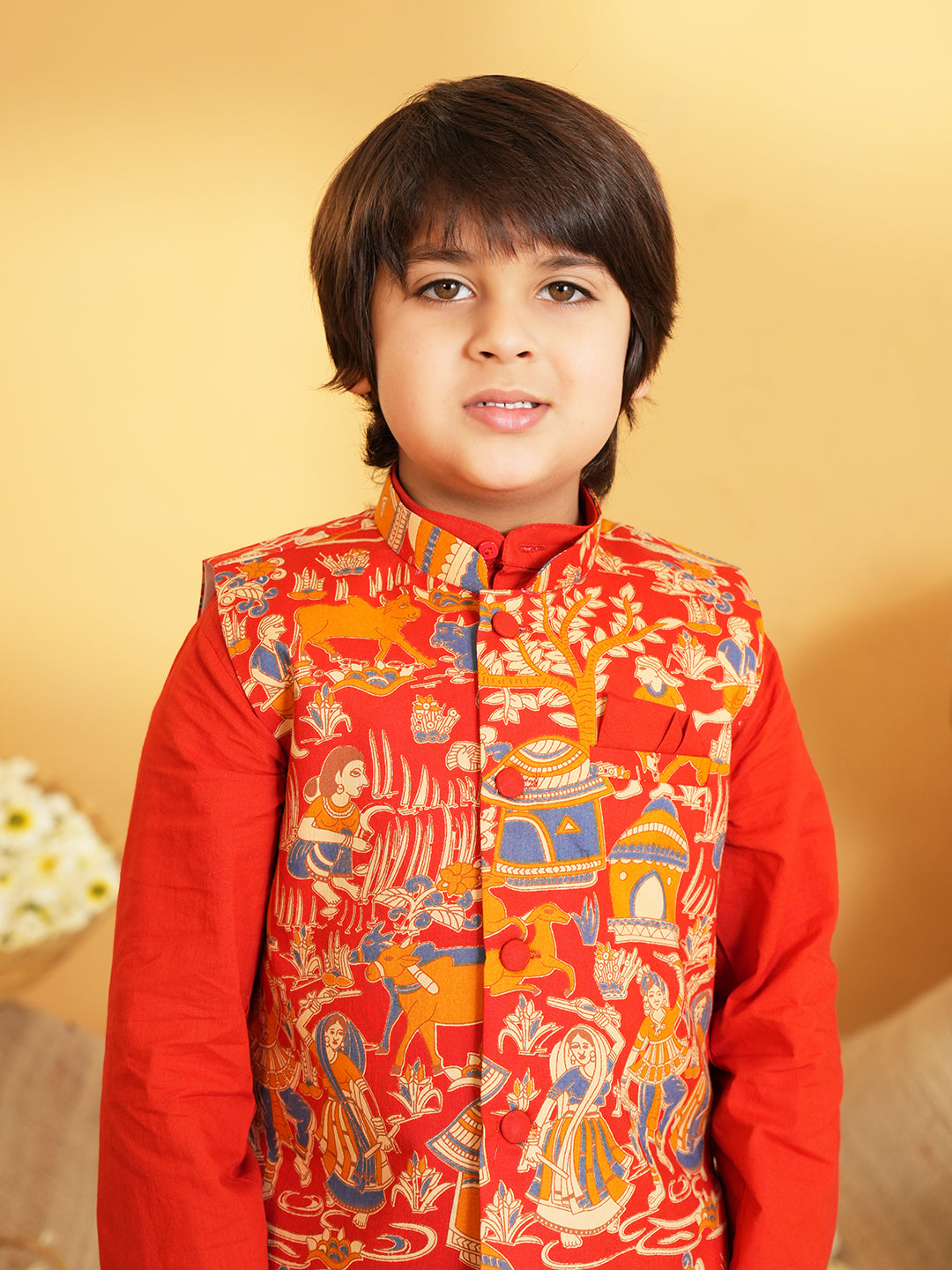Red Printed Pure Cotton Kurta Pyjama Waist Coat Set For Boys