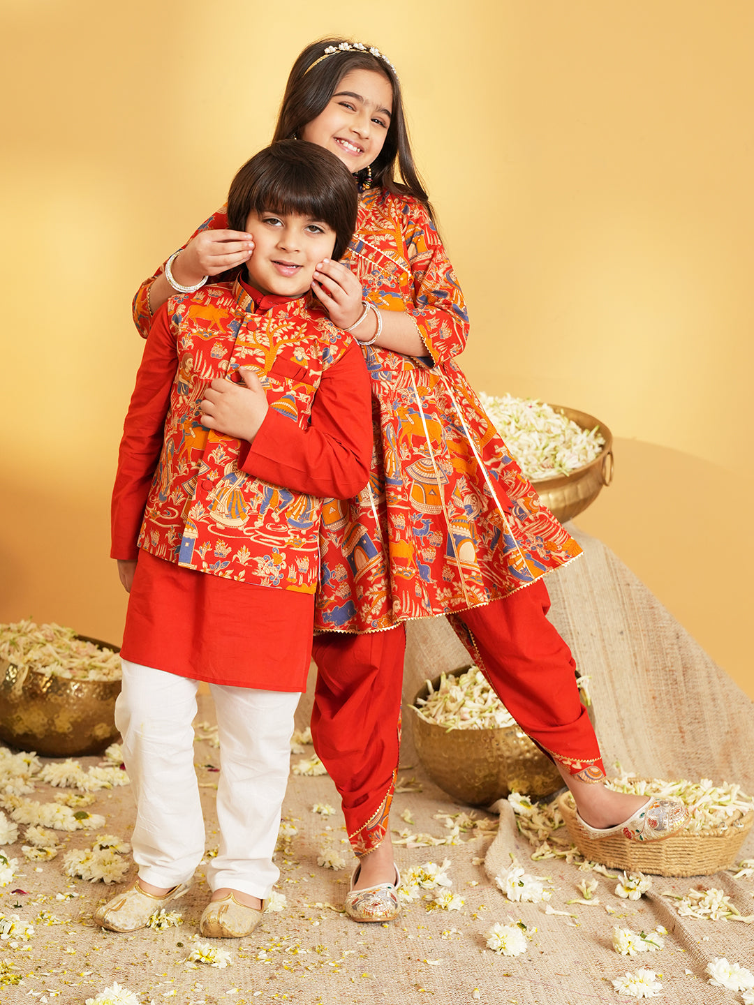 Red Printed Pure Cotton Kurta Pyjama Waist Coat Set For Boys