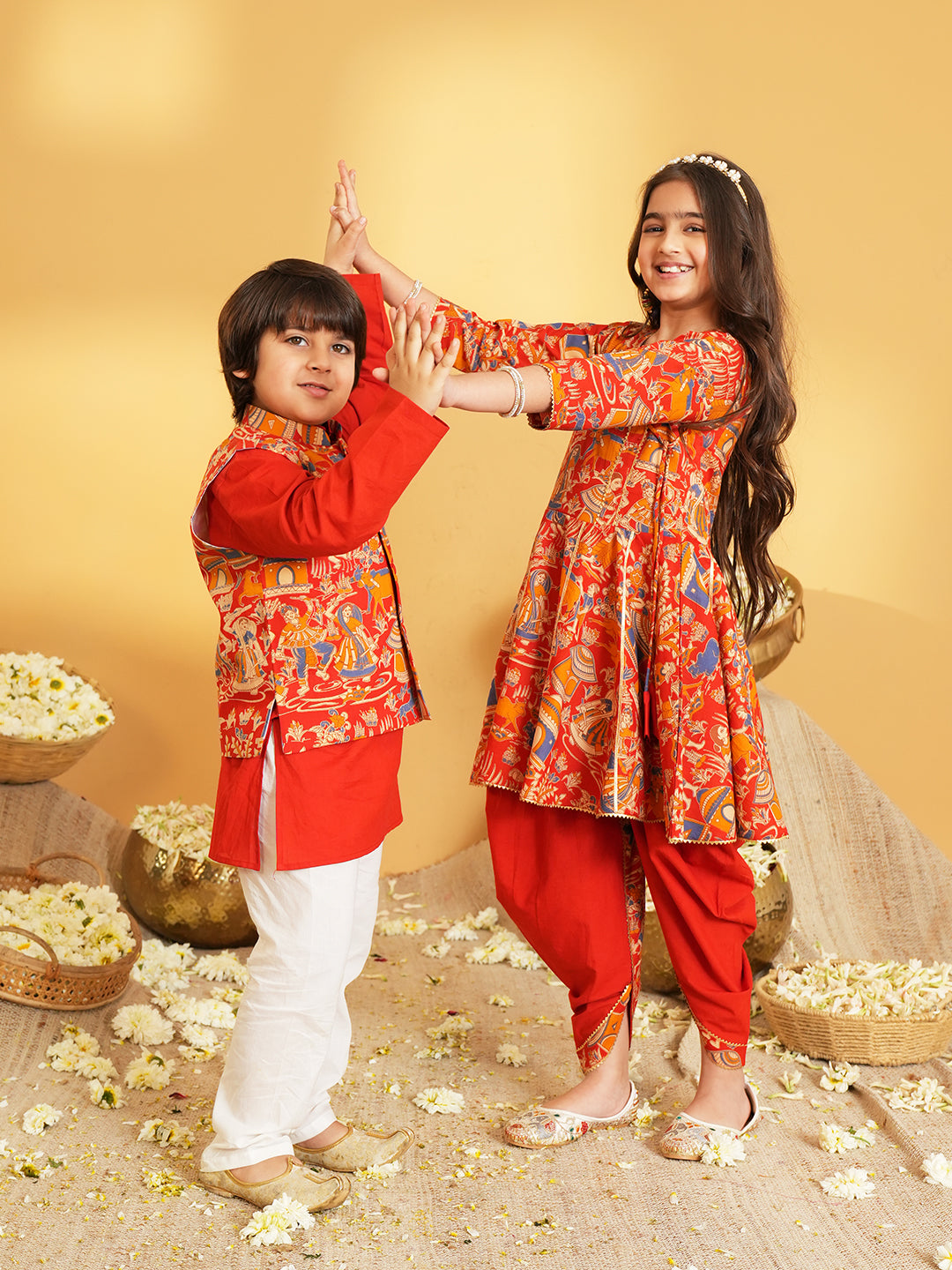 Red Printed Pure Cotton Kurta Pyjama Waist Coat Set For Boys