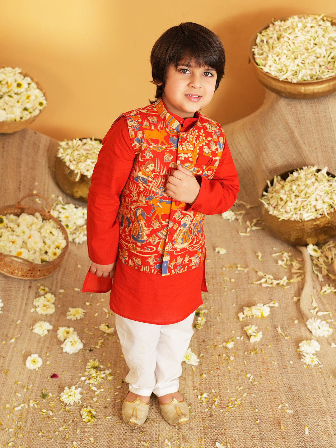 Red Printed Pure Cotton Kurta Pyjama Waist Coat Set For Boys