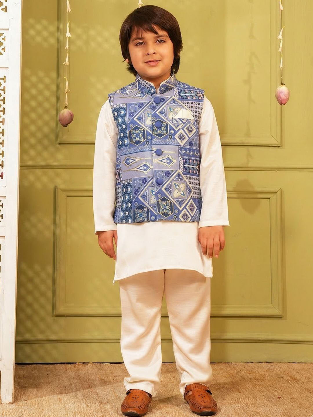 Dark Blue Printed and Shinny Cotton Blend Kurta Pyjama & Waist Coat Set For Boys