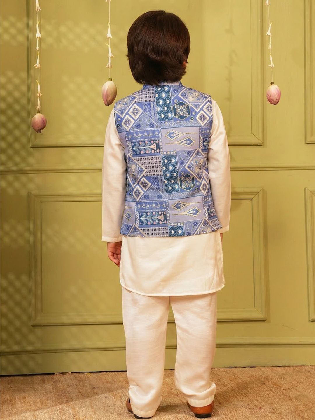 Dark Blue Printed and Shinny Cotton Blend Kurta Pyjama & Waist Coat Set For Boys