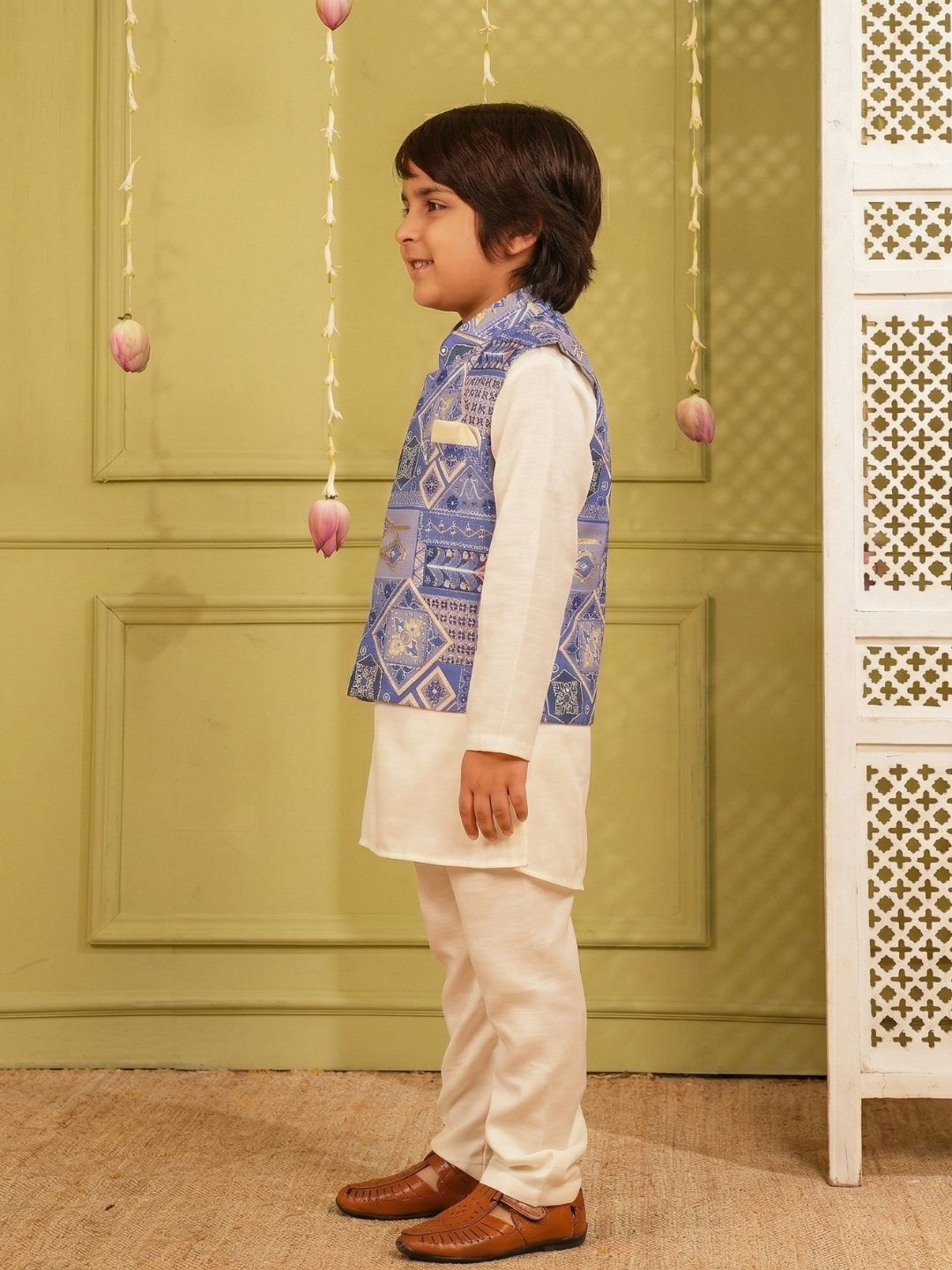 Dark Blue Printed and Shinny Cotton Blend Kurta Pyjama & Waist Coat Set For Boys
