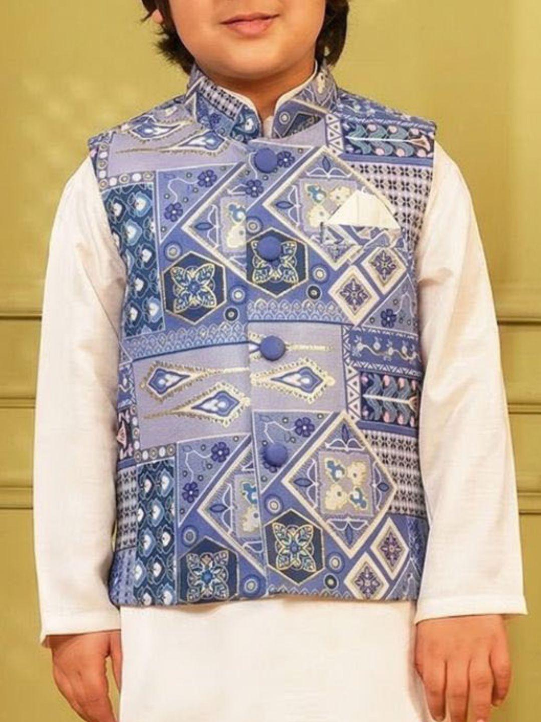Dark Blue Printed and Shinny Cotton Blend Kurta Pyjama & Waist Coat Set For Boys