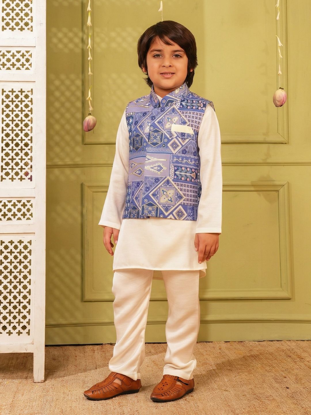 Dark Blue Printed and Shinny Cotton Blend Kurta Pyjama & Waist Coat Set For Boys