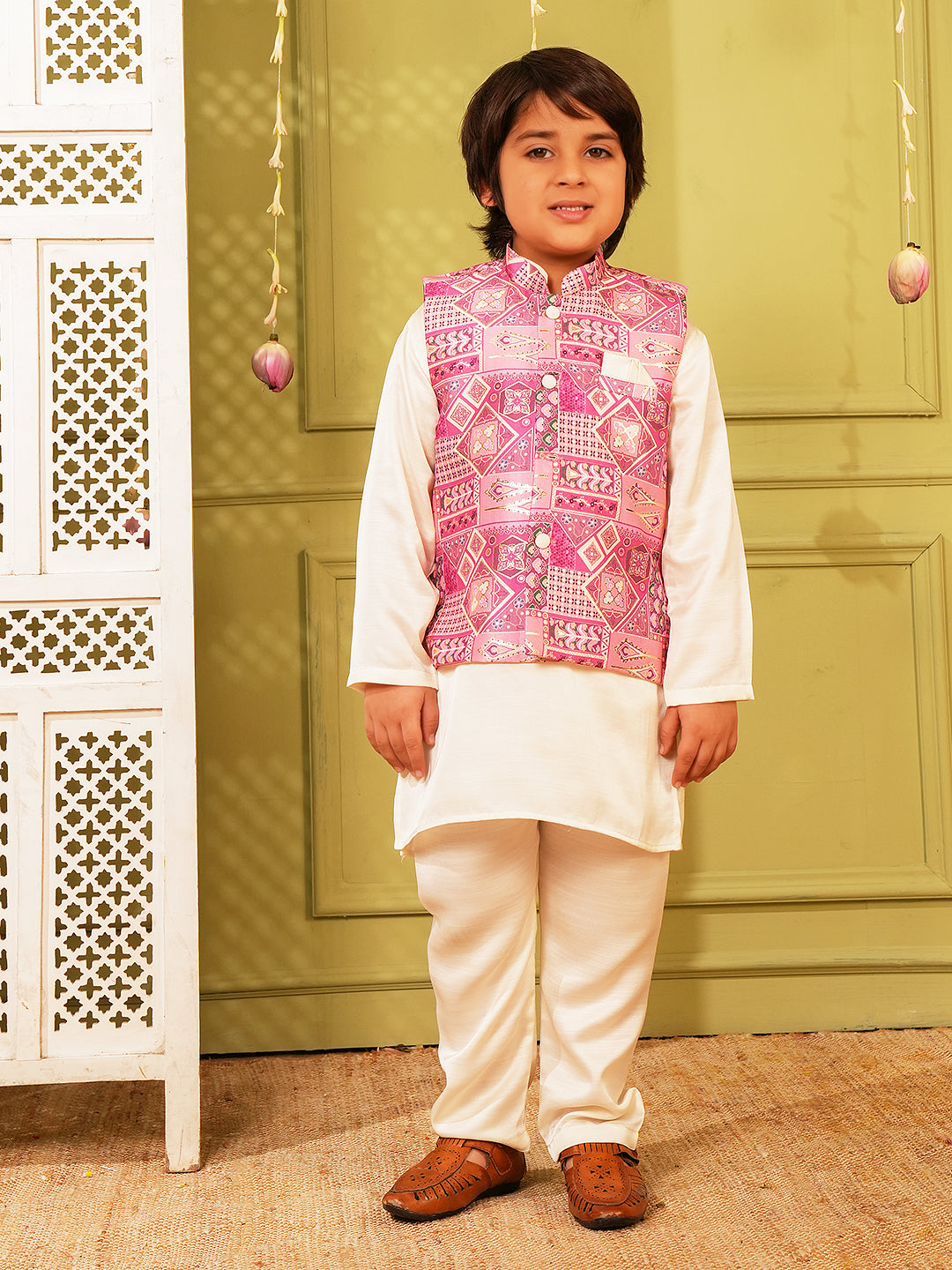 Pink Printed and Shinny Cotton Blend Kurta Pyjama Waist Coat Set For Boys