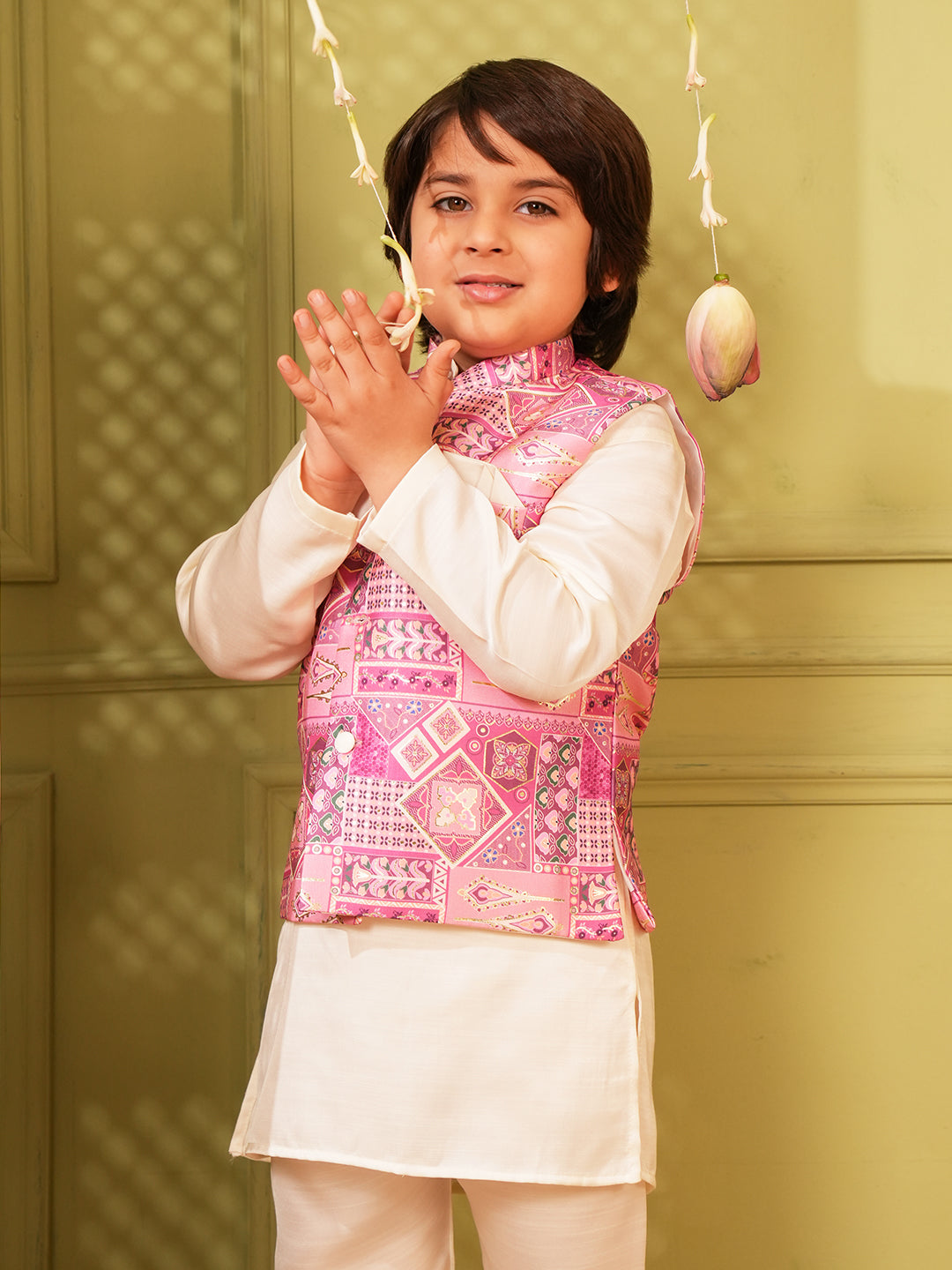 Pink Printed and Shinny Cotton Blend Kurta Pyjama Waist Coat Set For Boys