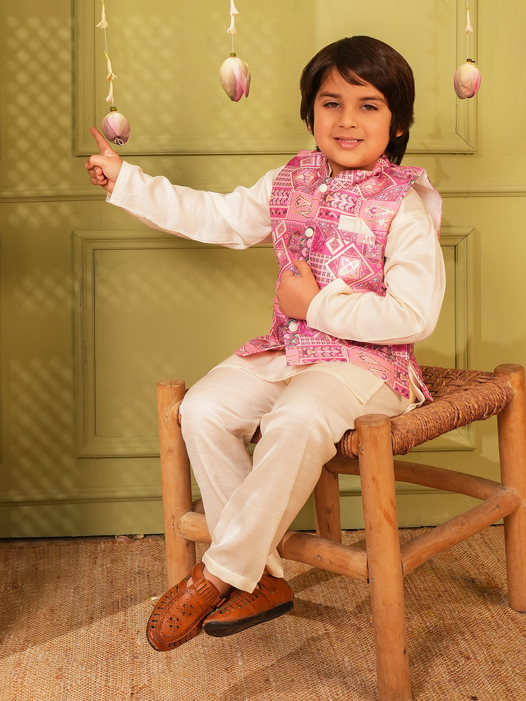 Pink Printed and Shinny Cotton Blend Kurta Pyjama Waist Coat Set For Boys