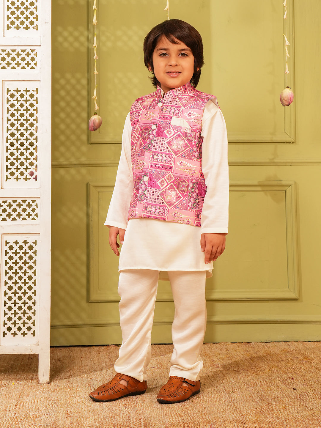 Pink Printed and Shinny Cotton Blend Kurta Pyjama Waist Coat Set For Boys