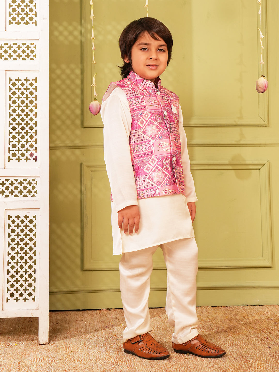 Pink Printed and Shinny Cotton Blend Kurta Pyjama Waist Coat Set For Boys