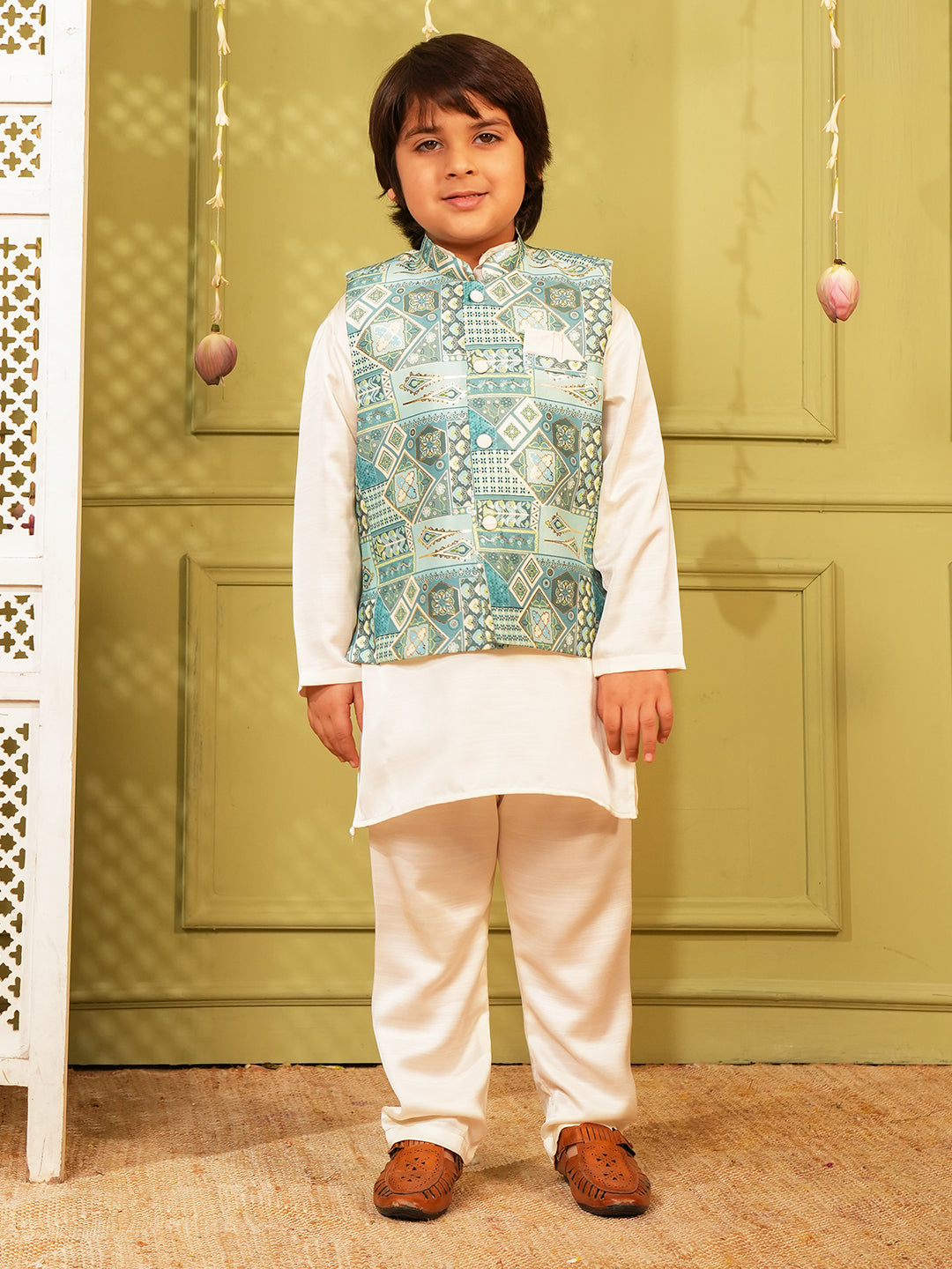 Sky-blue Printed and Shinny Cotton Blend Kurta Pyjama Waist Coat Set For Boys