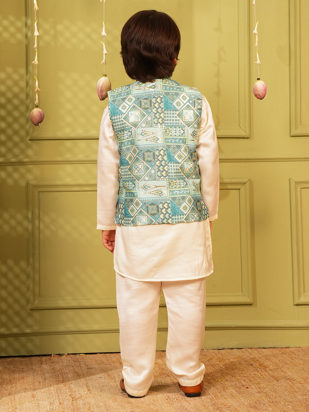 Sky-blue Printed and Shinny Cotton Blend Kurta Pyjama Waist Coat Set For Boys
