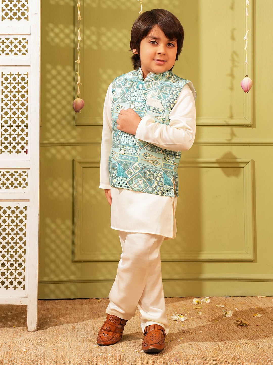 Sky-blue Printed and Shinny Cotton Blend Kurta Pyjama Waist Coat Set For Boys